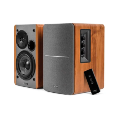 42-Watt-Continuous R1280T Powered Bookshelf Speaker Set with 4-In. Woofers, Reflex Port, Dual RCA Inputs, and Remote, Pair (Brown)